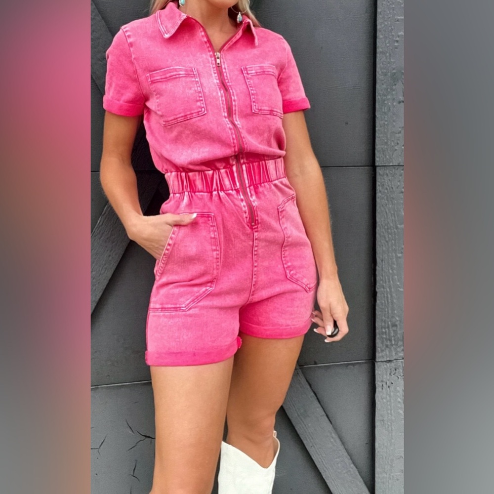 Blue b - Stretchy Denim Utility Romper in Washed Pink